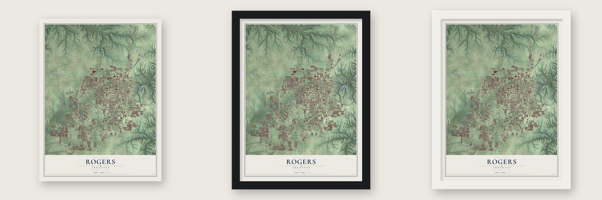 Rogers, Arkansas map unframed, in a black wood frame and in a white wood frame