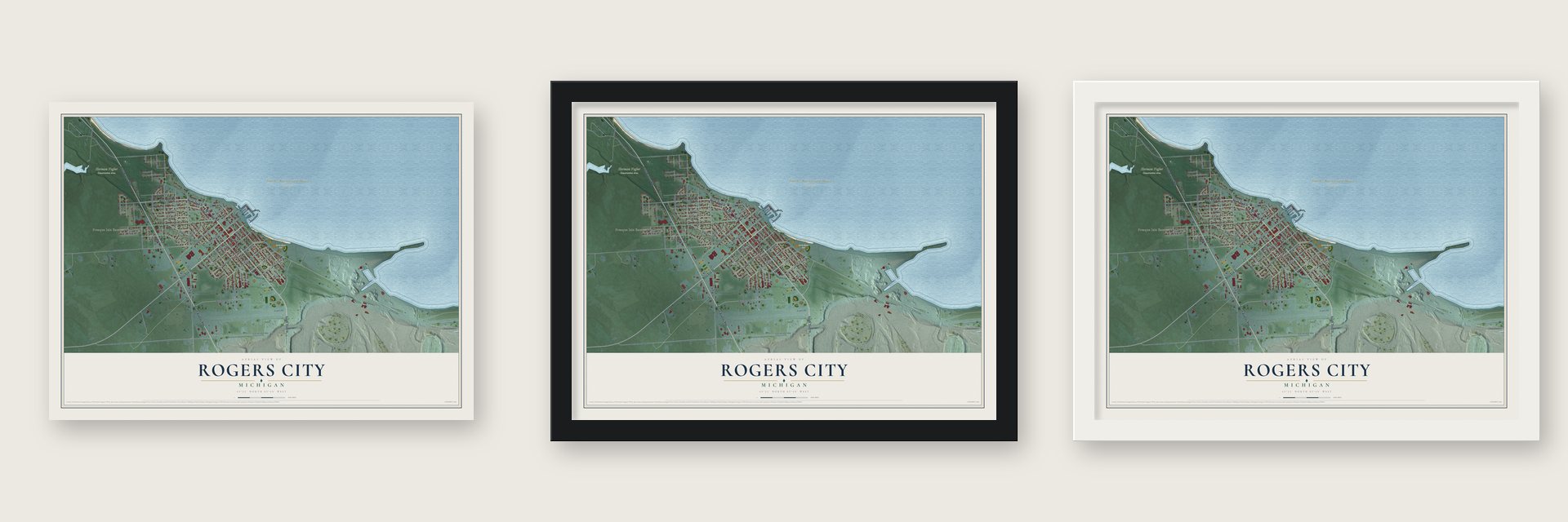 Rogers City, Michigan map unframed, in a black wood frame and in a white wood frame