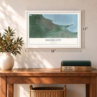 Rogers City, Michigan map, 12 x 18 inch print in a white frame in an entryway