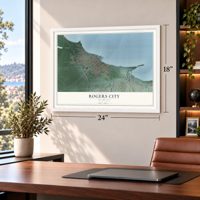 Rogers City, Michigan map, 18 x 24 inch print in a white frame in a home office