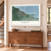 Rogers City, Michigan map, 24 x 36 inch print in a white frame above a dresser by a staircase