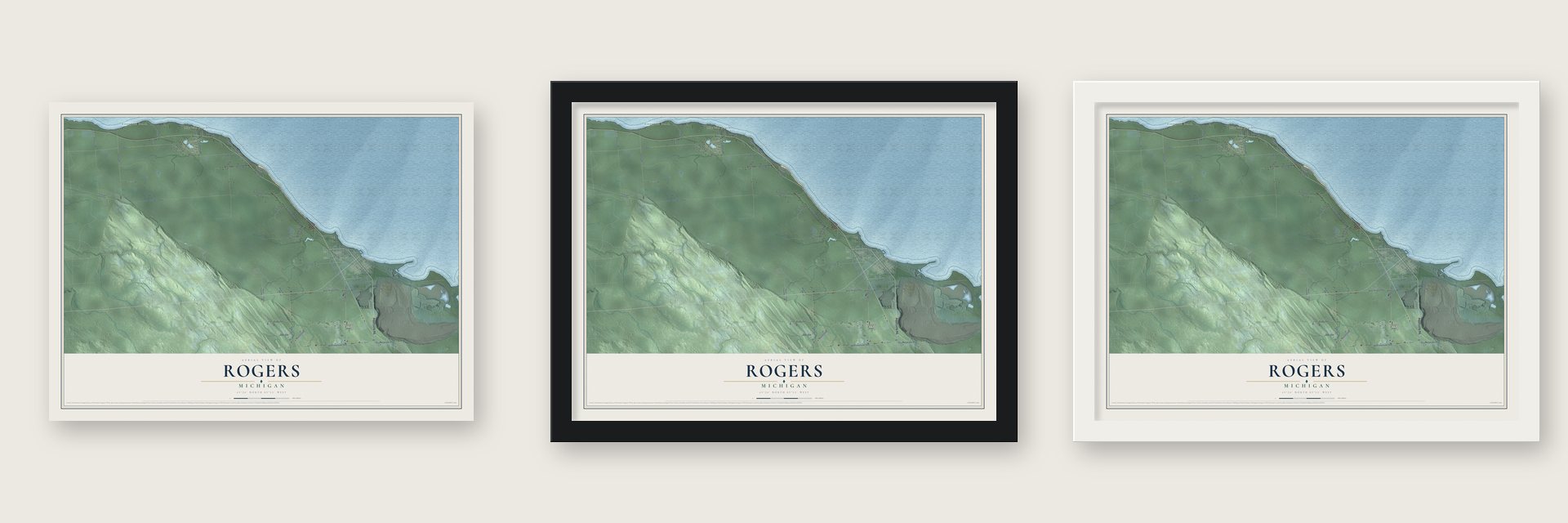 Rogers, Michigan map unframed, in a black wood frame and in a white wood frame
