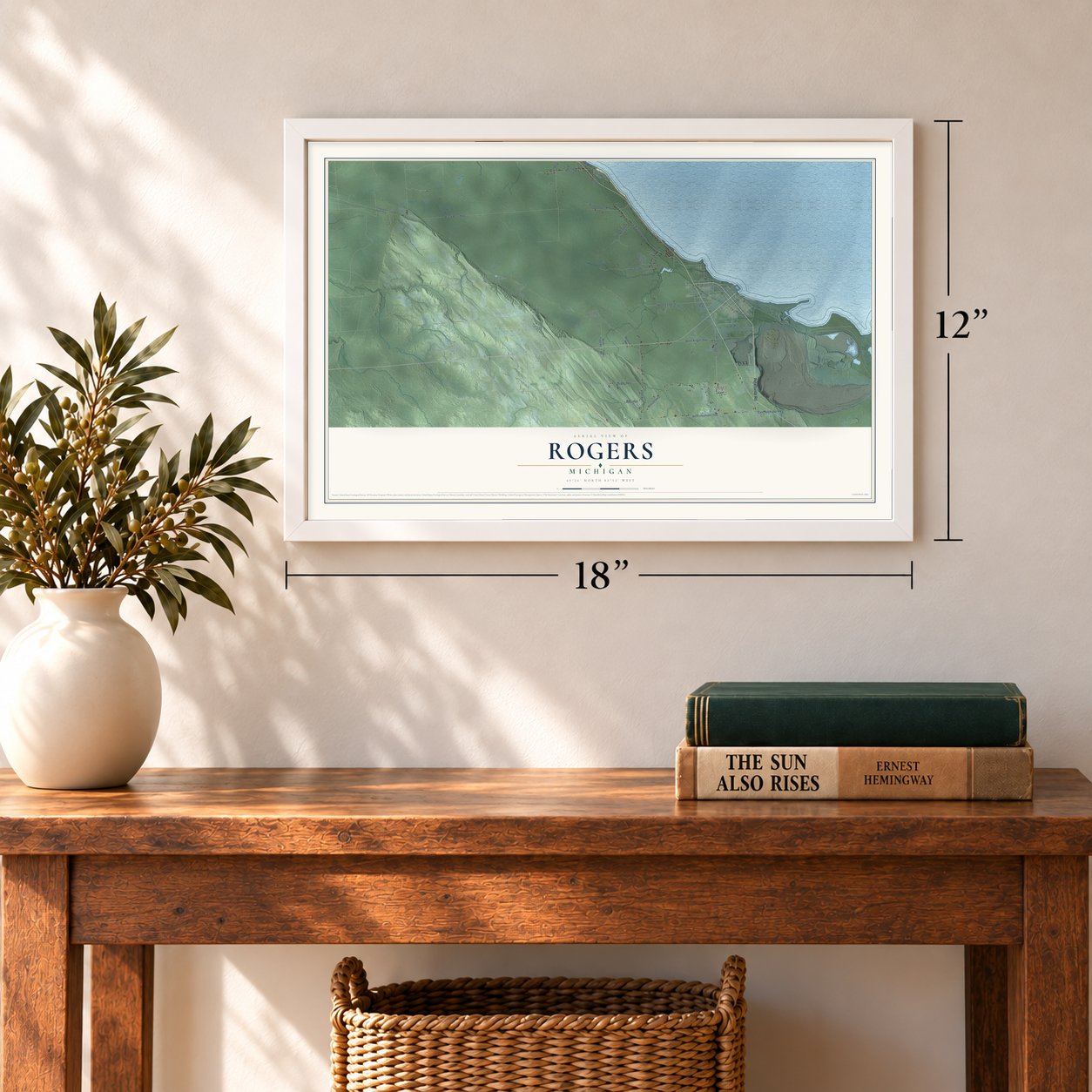 Rogers, Michigan map, 12 x 18 inch print in a white frame in an entryway