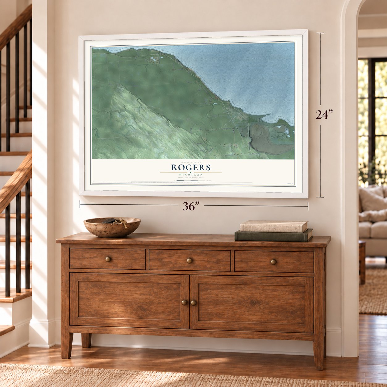 Rogers, Michigan map, 24 x 36 inch print in a white frame above a dresser by a staircase