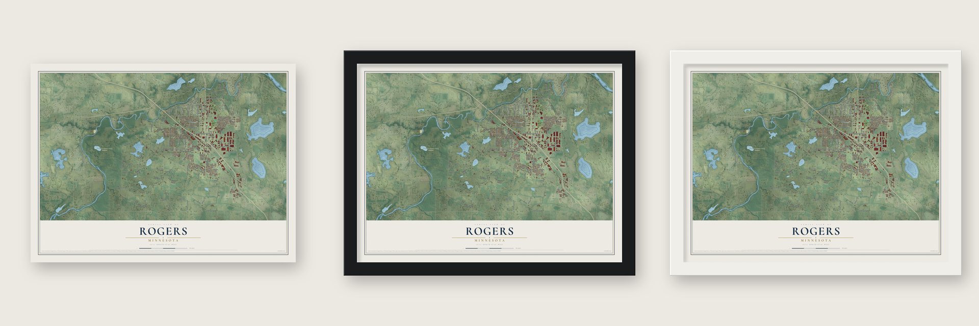 Rogers, Minnesota map unframed, in a black wood frame and in a white wood frame
