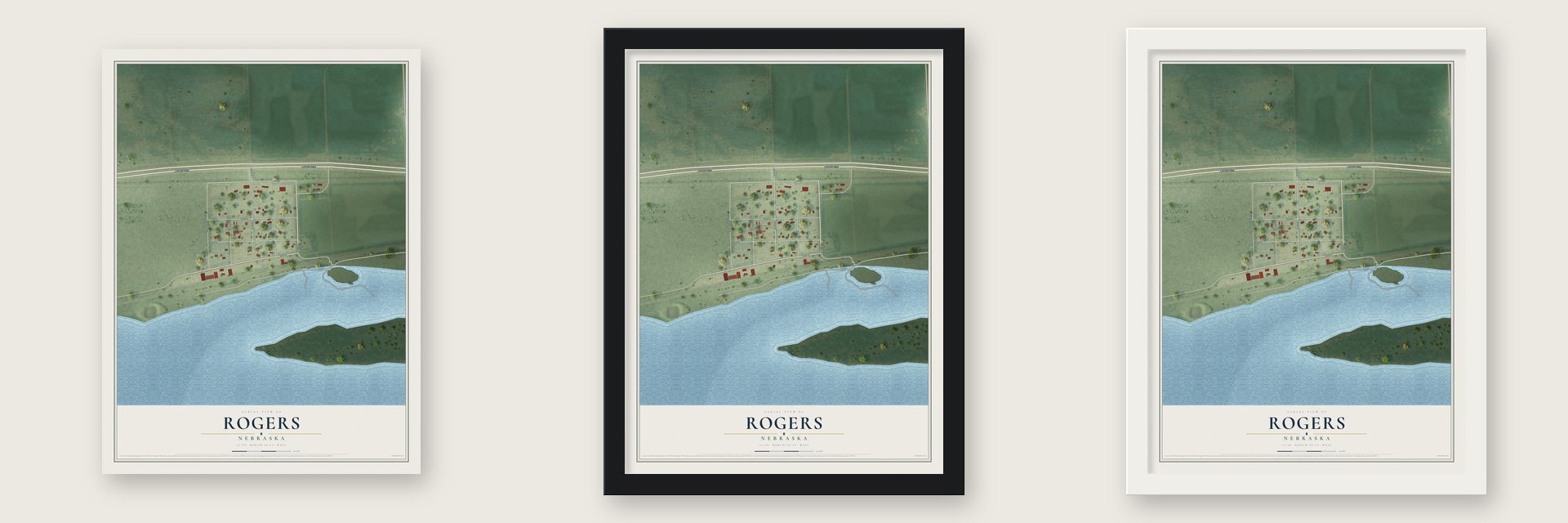 Rogers, Nebraska map unframed, in a black wood frame and in a white wood frame