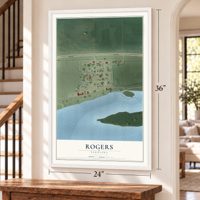 Rogers, Nebraska map, 24 x 36 inch print in a white frame by a staircase