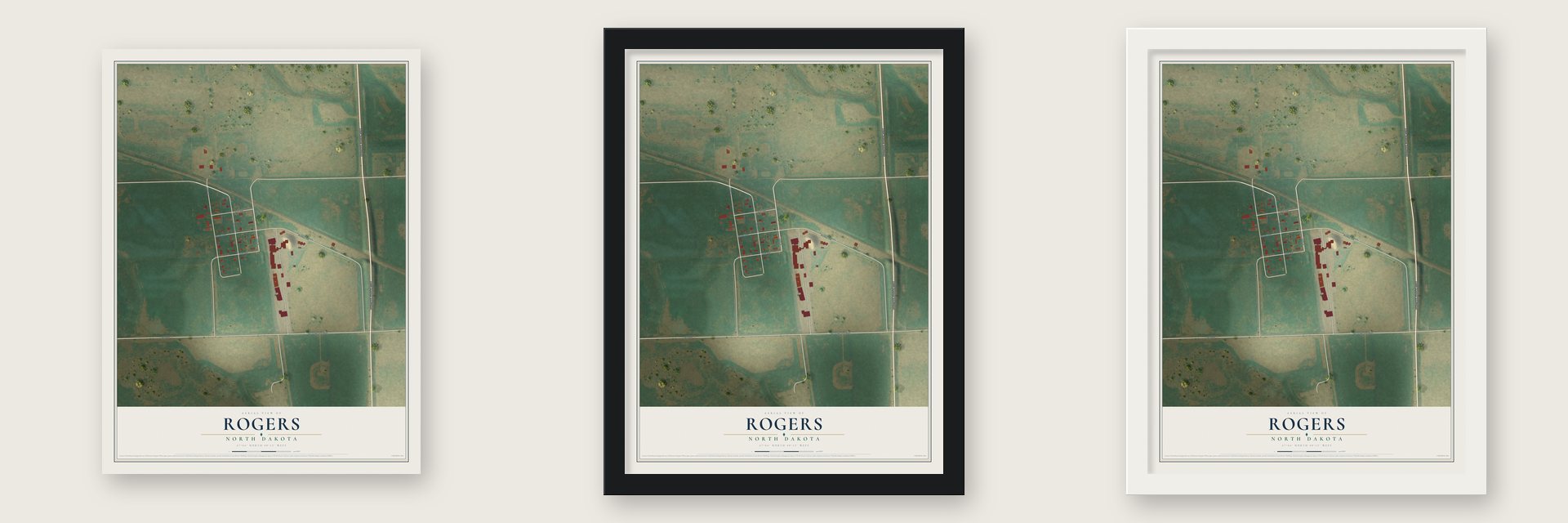 Rogers, North Dakota map unframed, in a black wood frame and in a white wood frame
