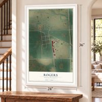 Rogers, North Dakota map, 24 x 36 inch print in a white frame by a staircase
