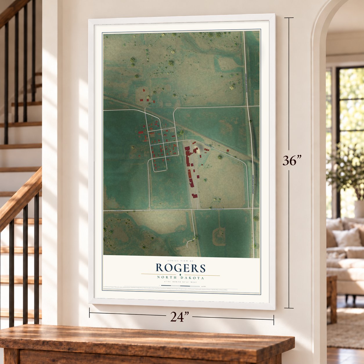 Rogers, North Dakota map, 24 x 36 inch print in a white frame by a staircase