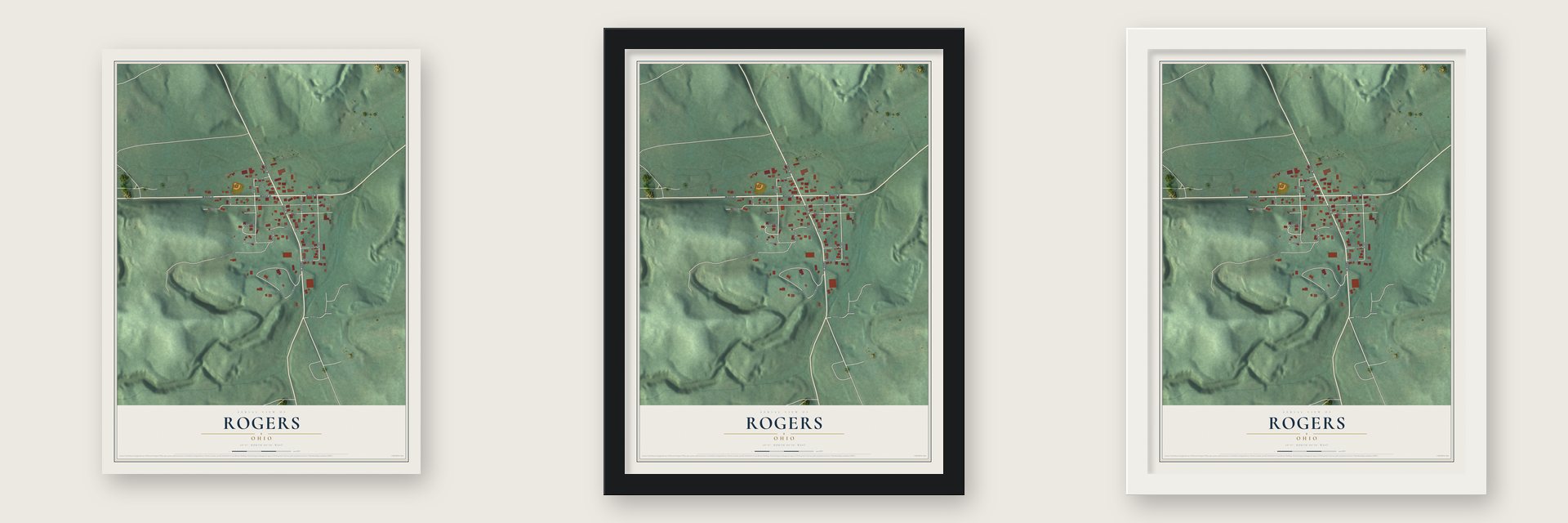 Rogers, Ohio map unframed, in a black wood frame and in a white wood frame