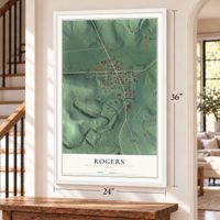 Rogers, Ohio map, 24 x 36 inch print in a white frame by a staircase