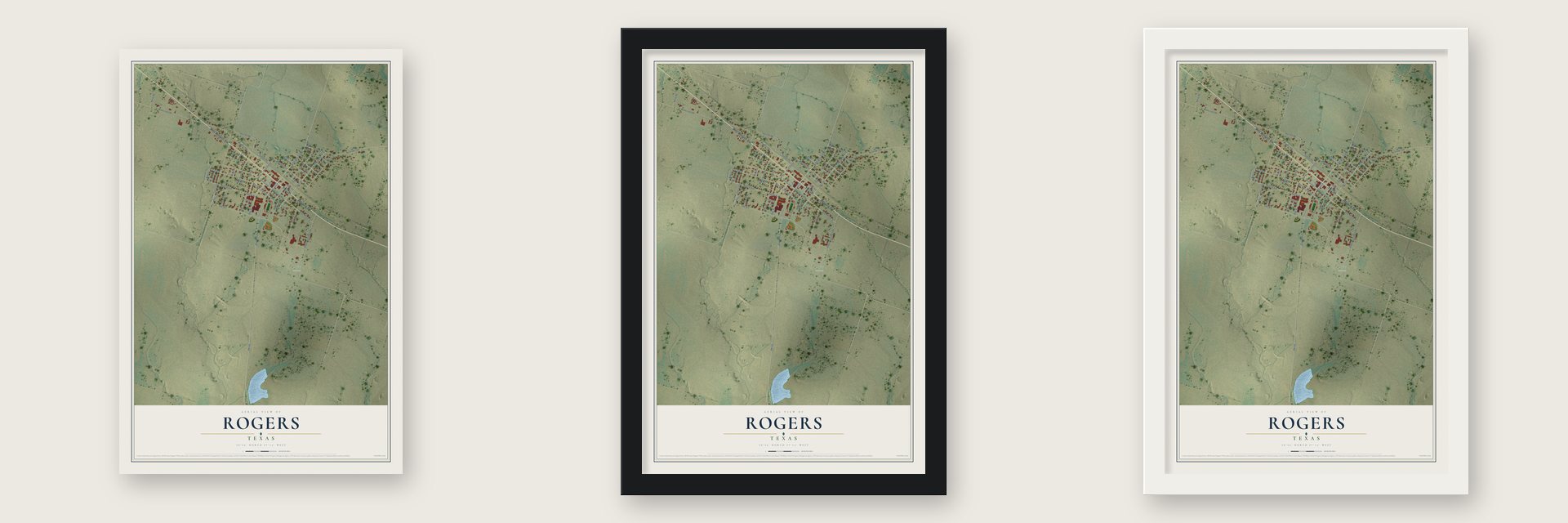 Rogers, Texas map unframed, in a black wood frame and in a white wood frame