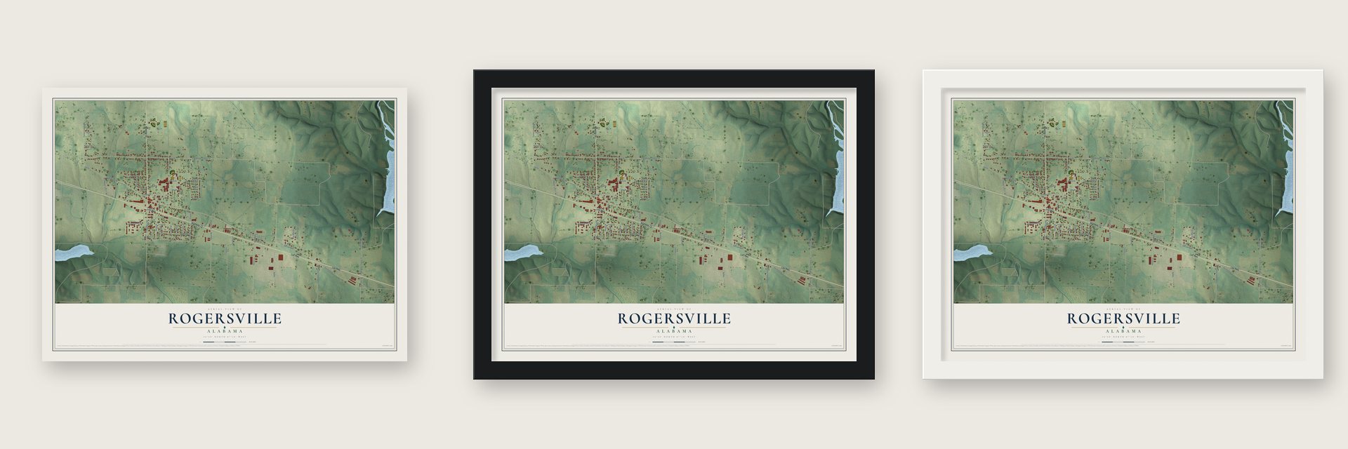 Rogersville, Alabama map unframed, in a black wood frame and in a white wood frame