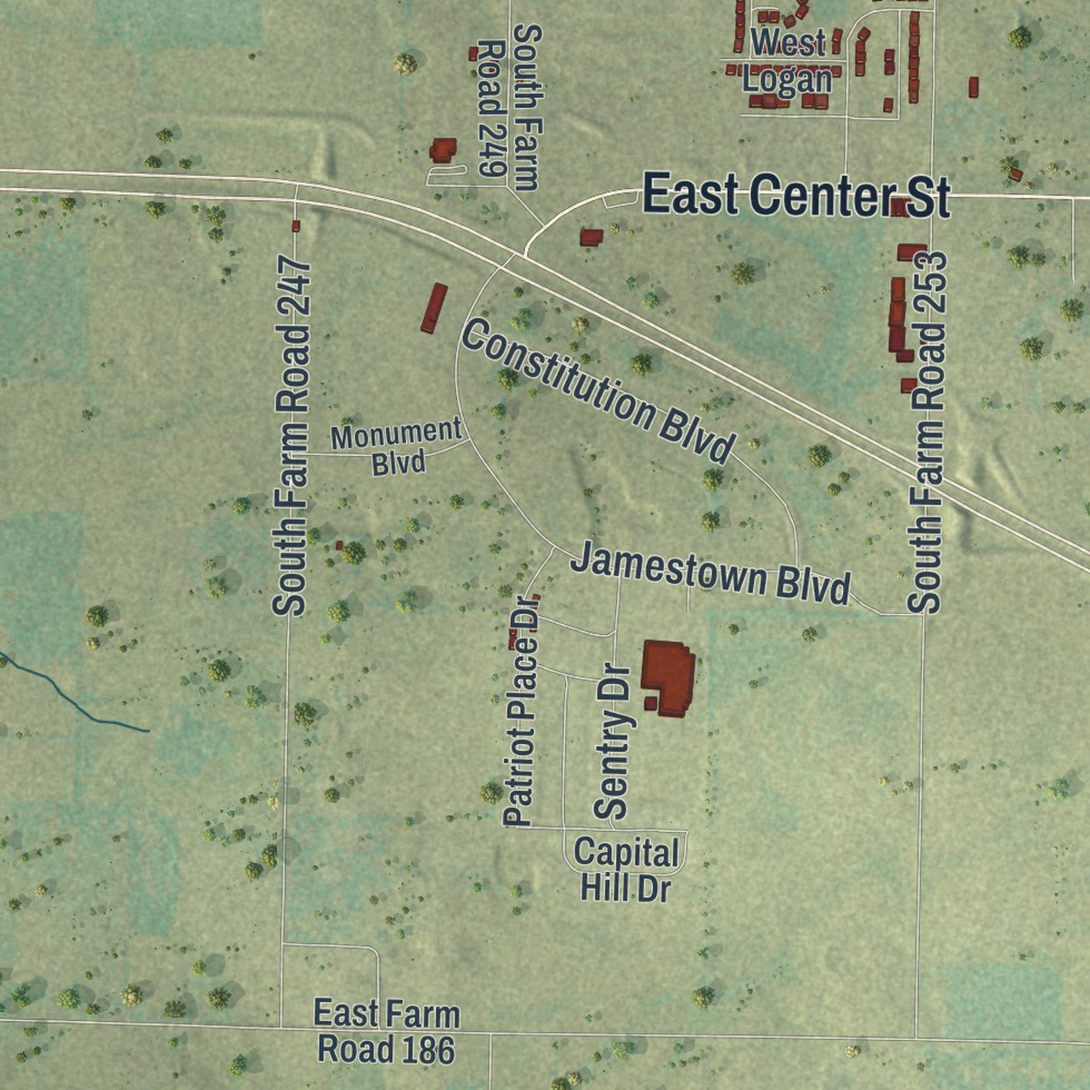 Second close-up of the map of Rogersville, Missouri print showing more streets and buildings