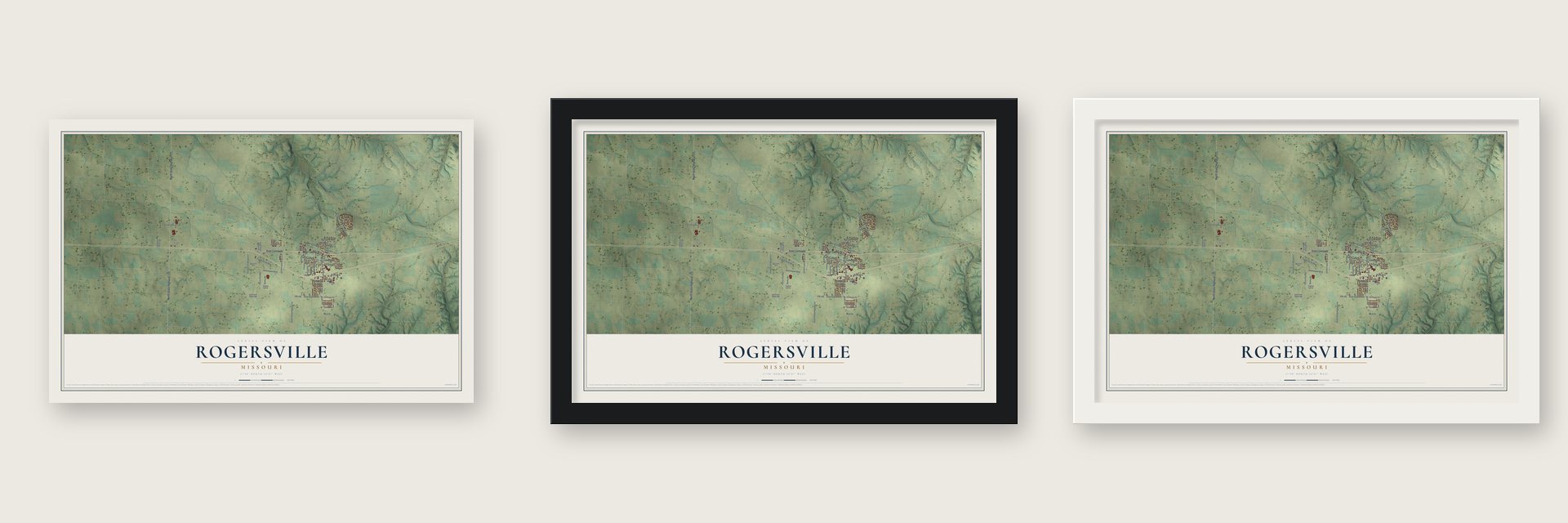 Rogersville, Missouri map unframed, in a black wood frame and in a white wood frame