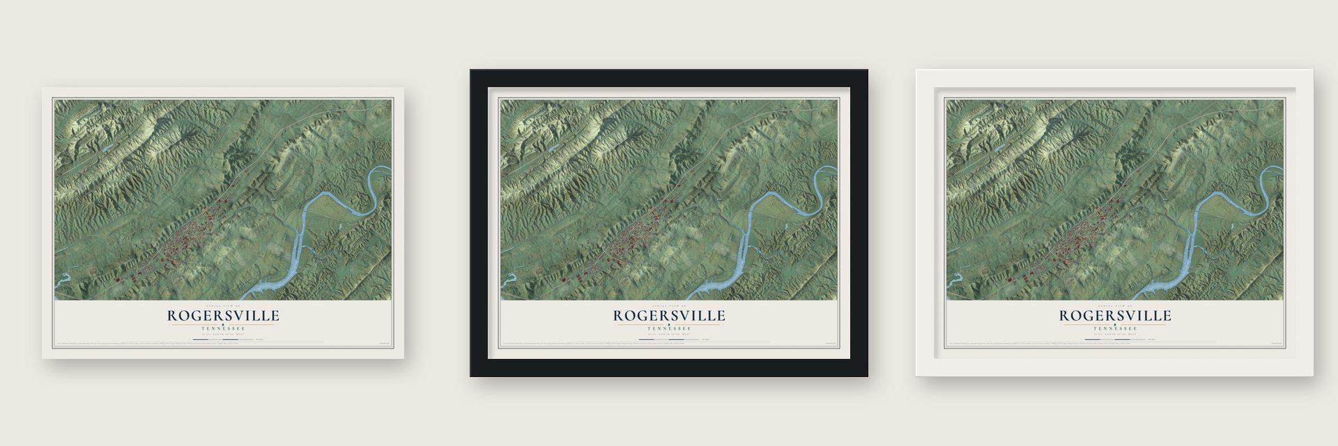 Rogersville, Tennessee map unframed, in a black wood frame and in a white wood frame