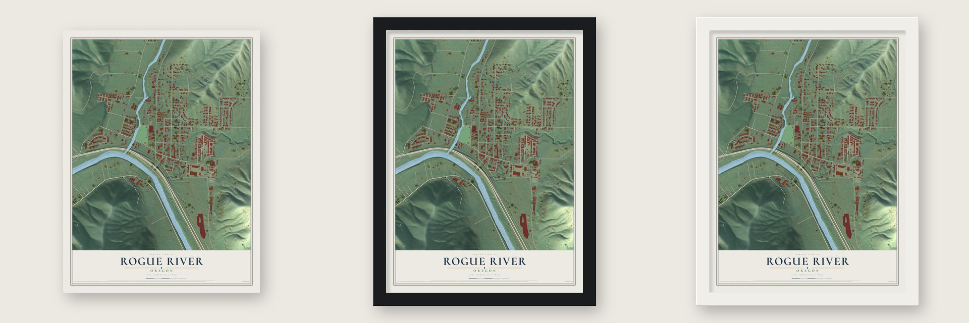 Rogue River, Oregon map unframed, in a black wood frame and in a white wood frame