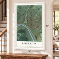 Rogue River, Oregon map, 24 x 36 inch print in a white frame by a staircase