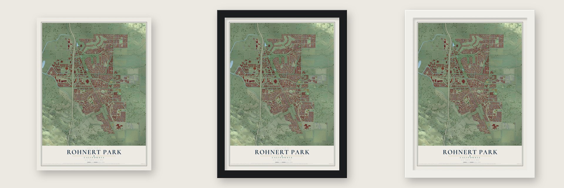 Rohnert Park, California map unframed, in a black wood frame and in a white wood frame