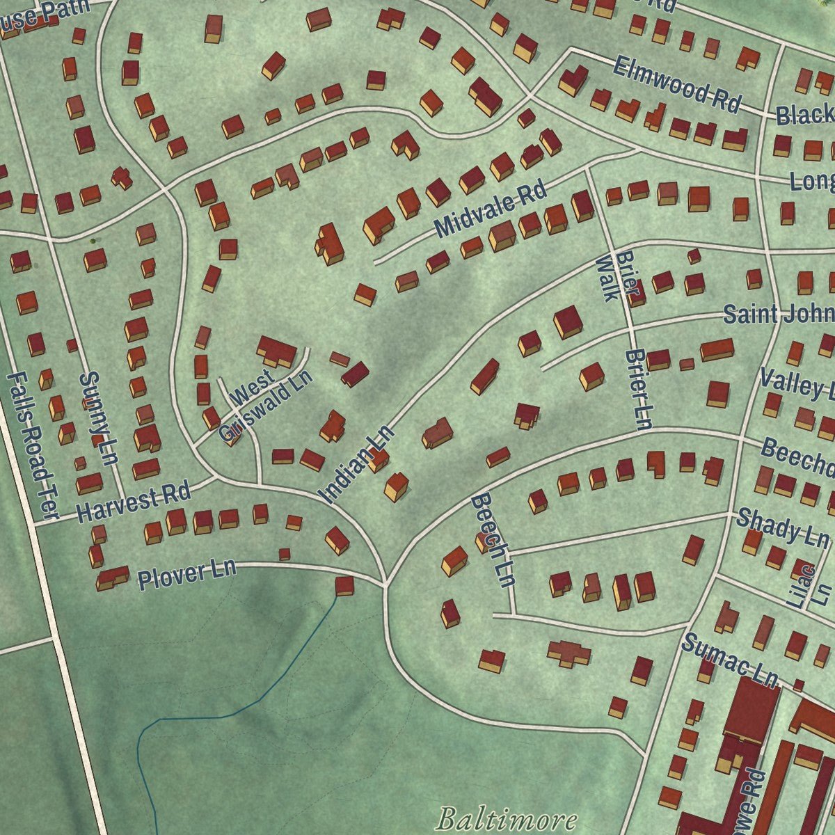 Second close-up of the map of Roland Park, Maryland print showing more streets and buildings