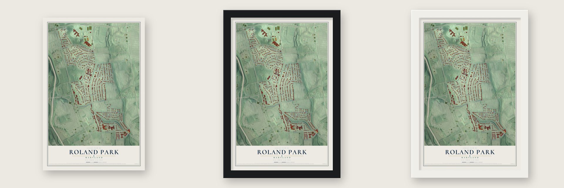 Roland Park, Maryland map unframed, in a black wood frame and in a white wood frame