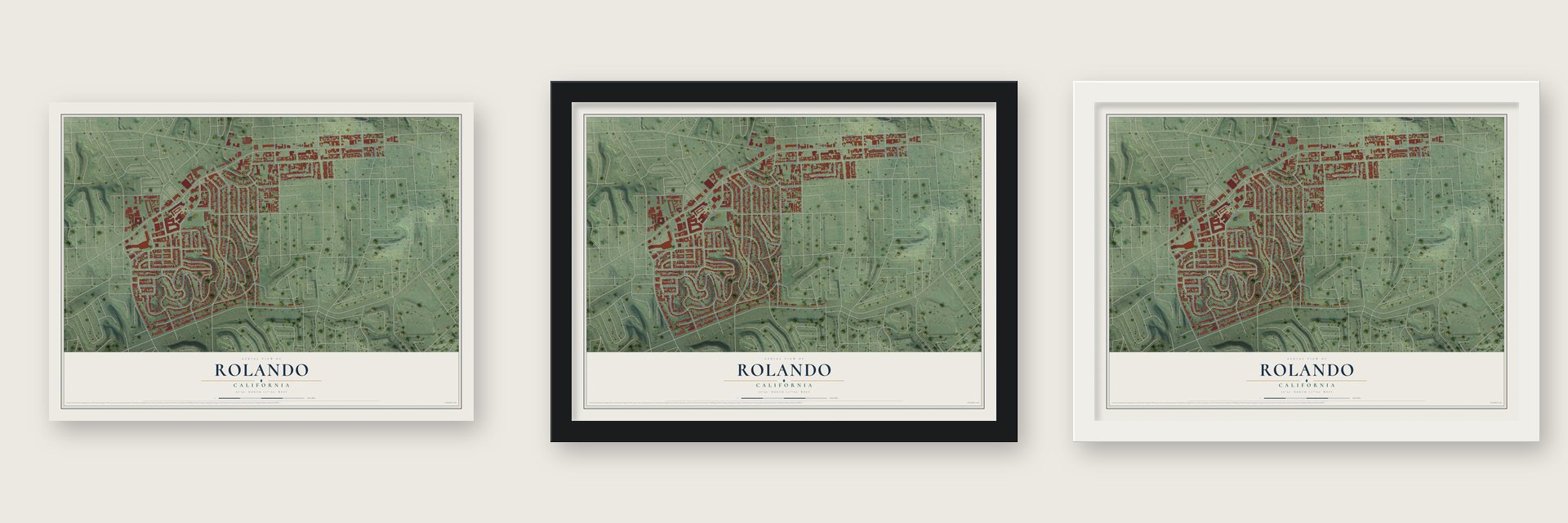Rolando, California map unframed, in a black wood frame and in a white wood frame