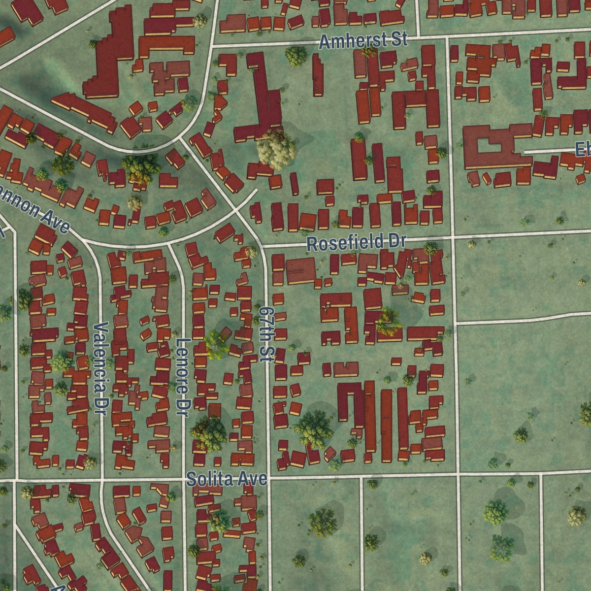 Second close-up of the map of Rolando, California print showing more streets and buildings