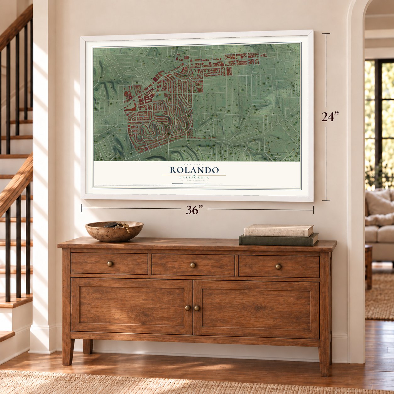 Rolando, California map, 24 x 36 inch print in a white frame above a dresser by a staircase