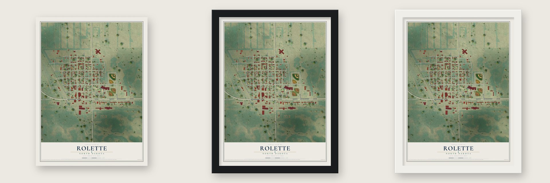 Rolette, North Dakota map unframed, in a black wood frame and in a white wood frame