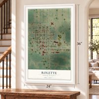Rolette, North Dakota map, 24 x 36 inch print in a white frame by a staircase