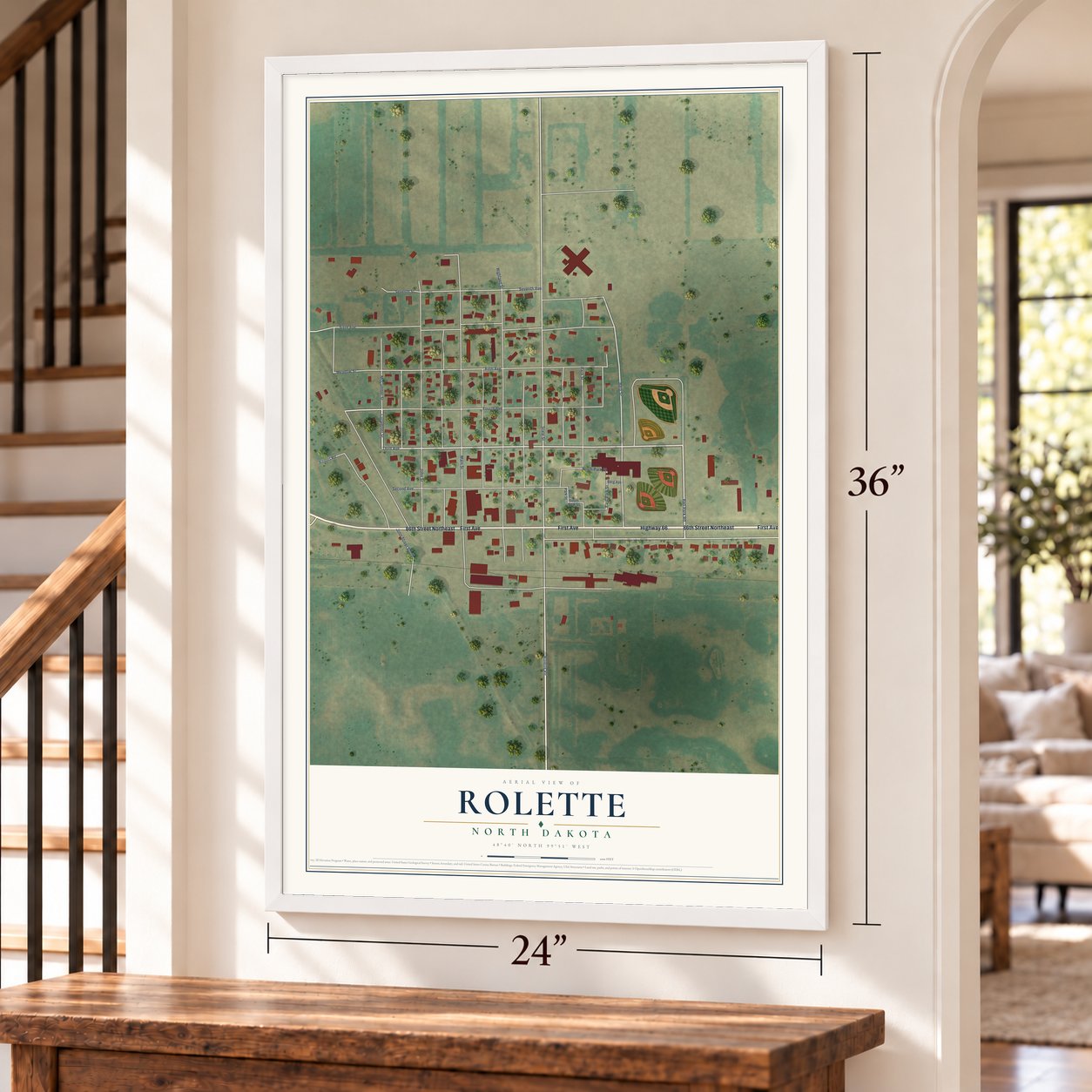 Rolette, North Dakota map, 24 x 36 inch print in a white frame by a staircase