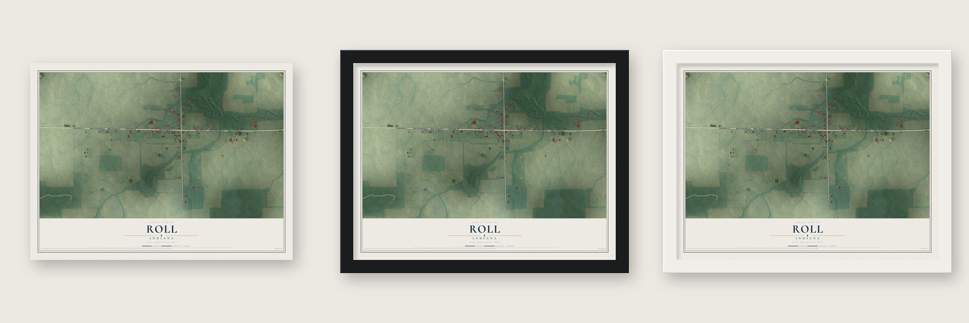 Roll, Indiana map unframed, in a black wood frame and in a white wood frame