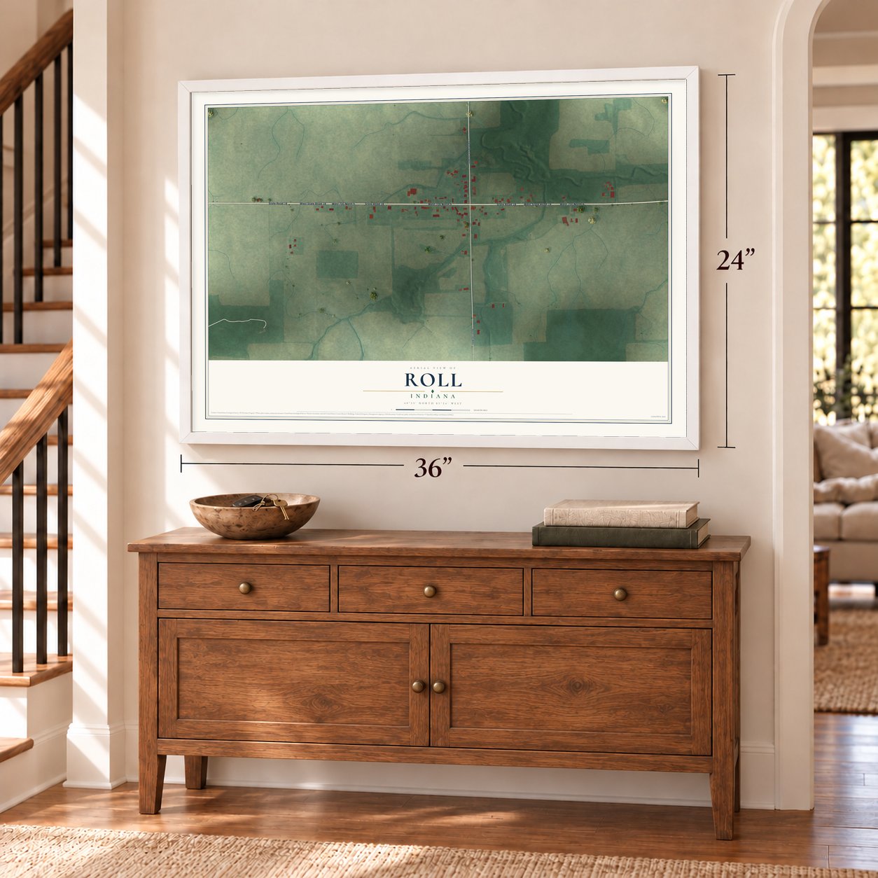Roll, Indiana map, 24 x 36 inch print in a white frame above a dresser by a staircase