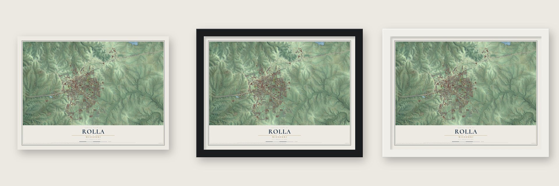 Rolla, Missouri map unframed, in a black wood frame and in a white wood frame