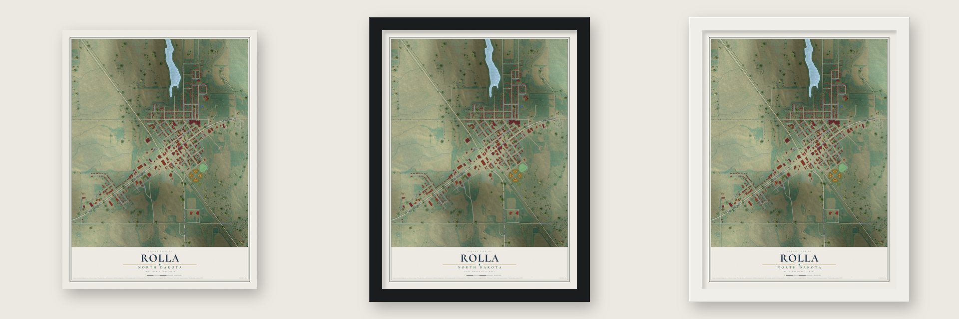 Rolla, North Dakota map unframed, in a black wood frame and in a white wood frame