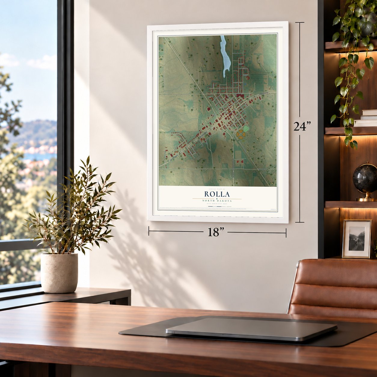 Rolla, North Dakota map, 18 x 24 inch print in a white frame in a home office