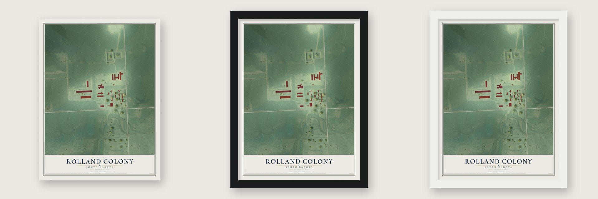 Rolland Colony, South Dakota map unframed, in a black wood frame and in a white wood frame