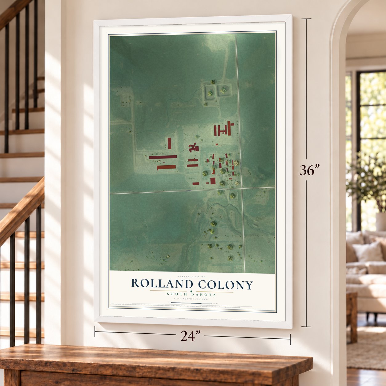 Rolland Colony, South Dakota map, 24 x 36 inch print in a white frame by a staircase
