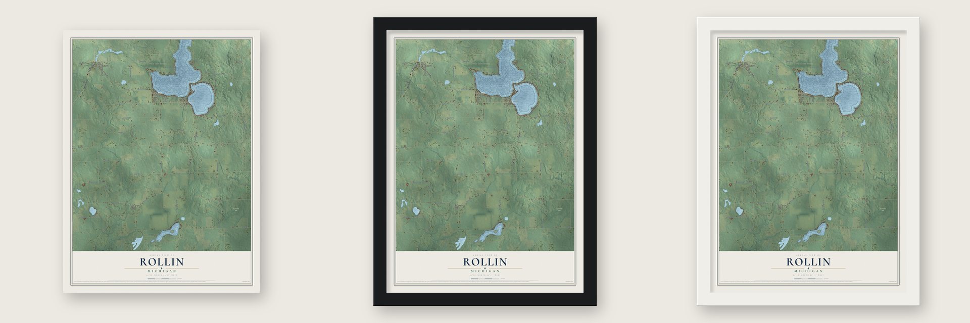 Rollin, Michigan map unframed, in a black wood frame and in a white wood frame