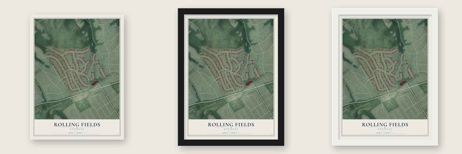 Rolling Fields, Kentucky map unframed, in a black wood frame and in a white wood frame
