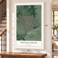 Rolling Fields, Kentucky map, 24 x 36 inch print in a white frame by a staircase