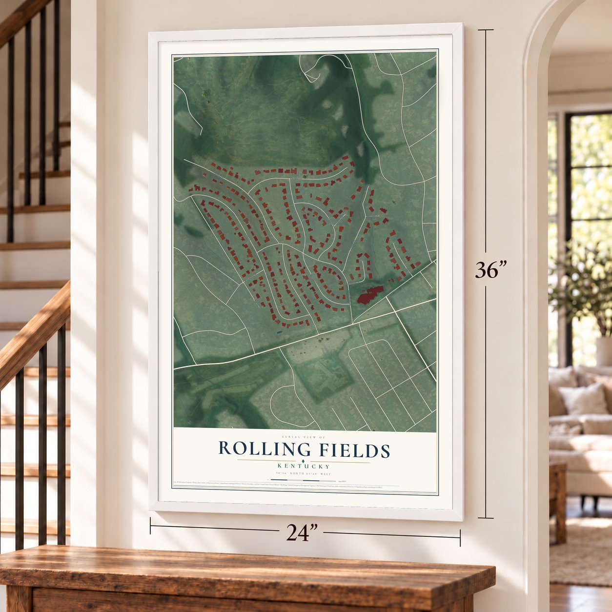 Rolling Fields, Kentucky map, 24 x 36 inch print in a white frame by a staircase