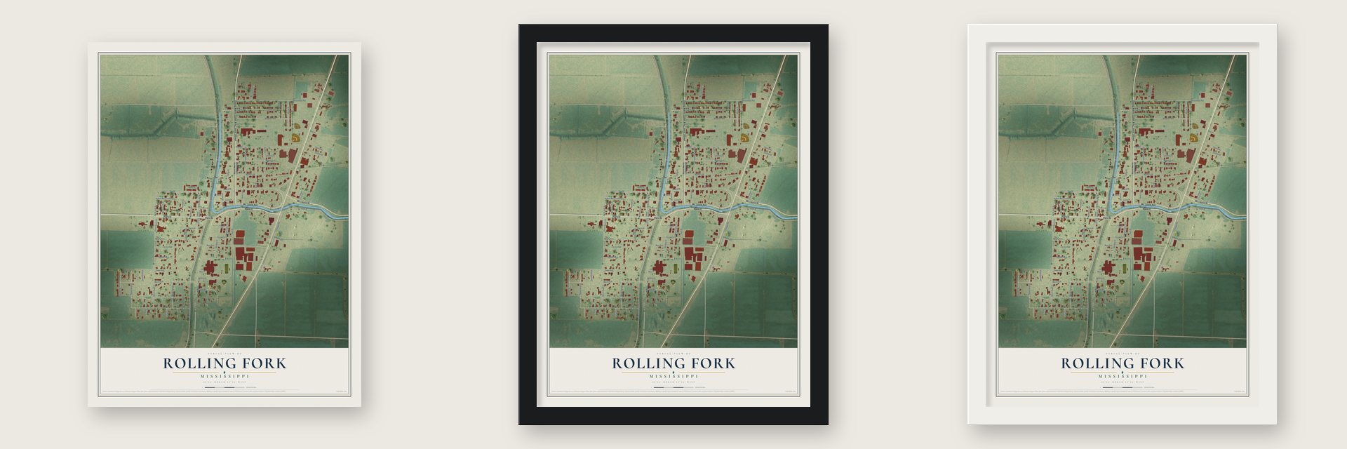 Rolling Fork, Mississippi map unframed, in a black wood frame and in a white wood frame
