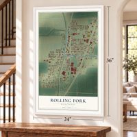Rolling Fork, Mississippi map, 24 x 36 inch print in a white frame by a staircase
