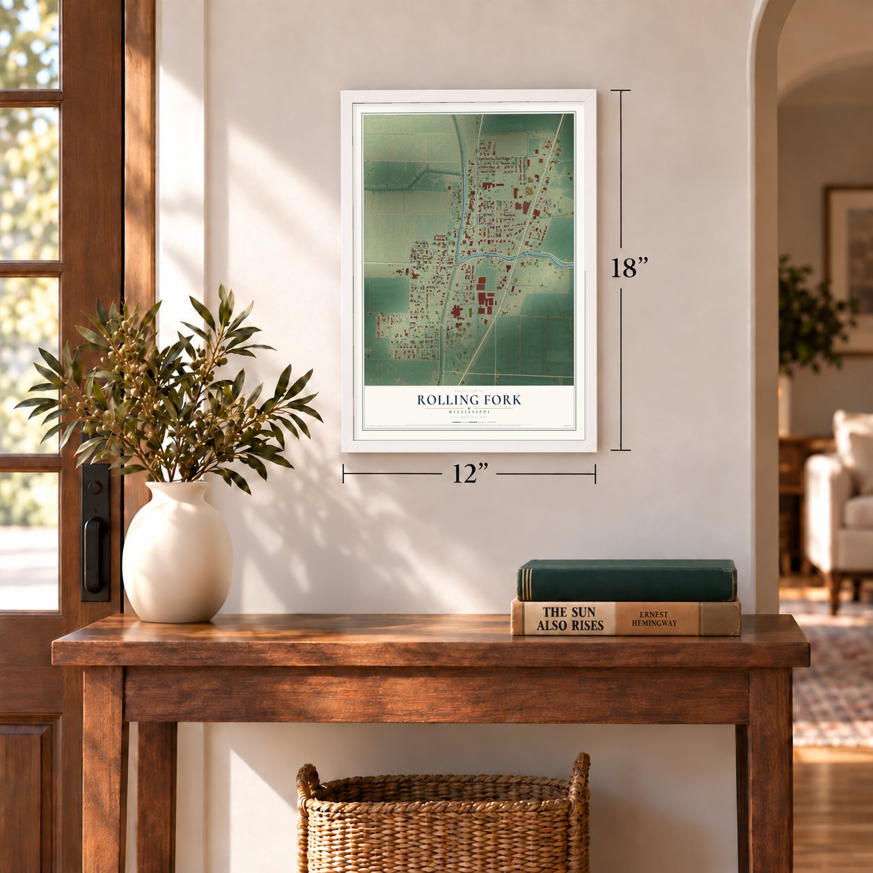 Rolling Fork, Mississippi map, 12 x 18 inch print in a white frame in an entryway
