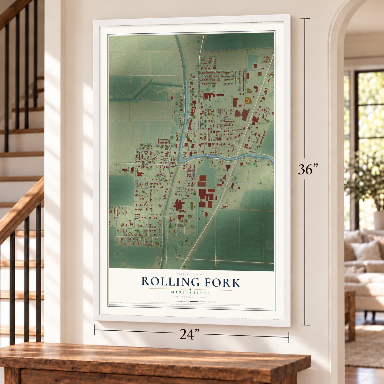Rolling Fork, Mississippi map, 24 x 36 inch print in a white frame by a staircase