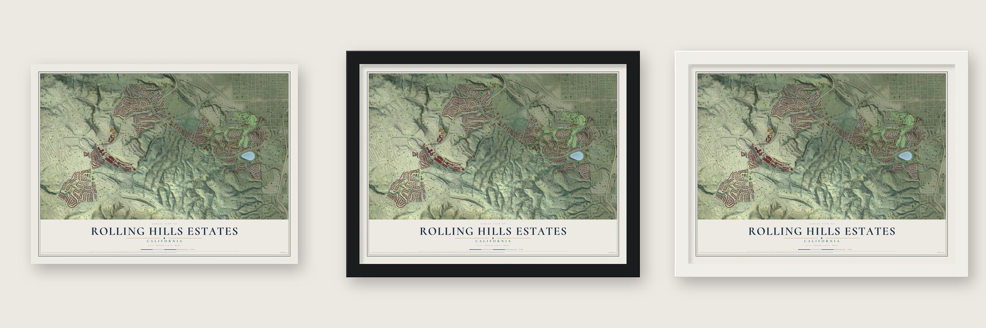 Rolling Hills Estates, California map unframed, in a black wood frame and in a white wood frame