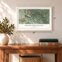 Rolling Hills Estates, California map, 12 x 18 inch print in a white frame in an entryway