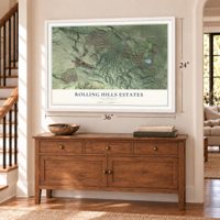 Rolling Hills Estates, California map, 24 x 36 inch print in a white frame above a dresser by a staircase